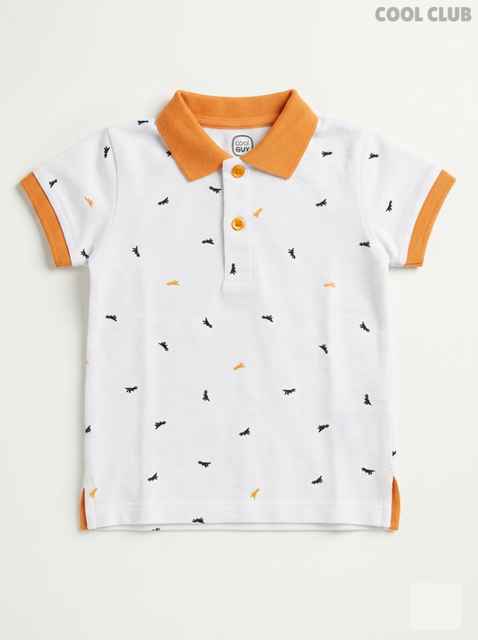 Cool Club Boys' White Dinosaur Print Cotton Piqué Polo Shirt