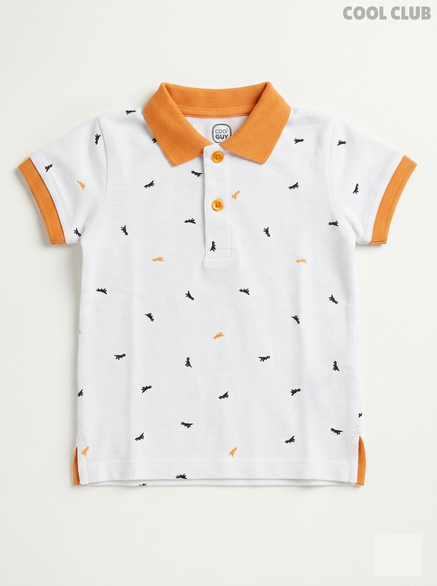Cool Club Boys' White Dinosaur Print Cotton Piqué Polo Shirt