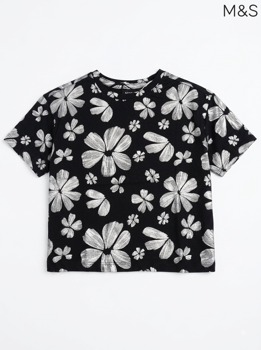 M&S Girls Black Metallic Floral Print Short-Sleeve T-Shirt