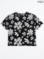M&S Girls Black Metallic Floral Print Short-Sleeve T-Shirt