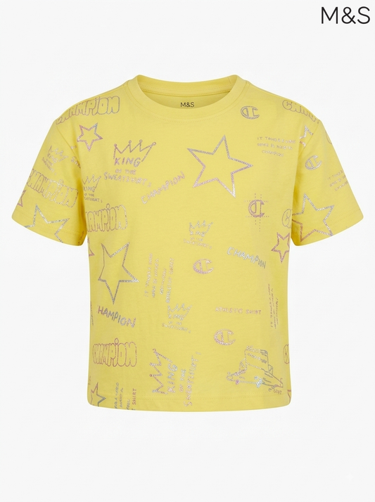 M&S Yellow Shimmering Crown & Star Print Short-Sleeve T-Shirt