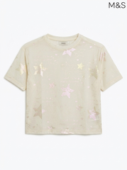 M&S Girls' Glitter Star Print T-Shirt – Off-White