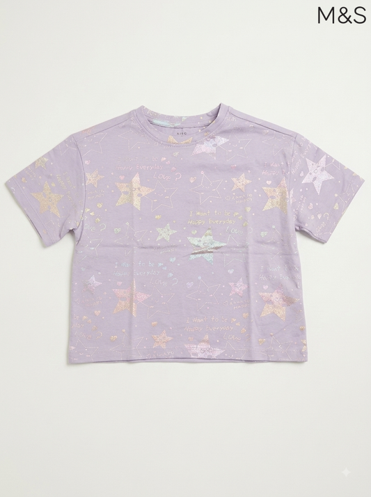 M&S Girls' Lilac Shimmer Star & Slogan T-Shirt