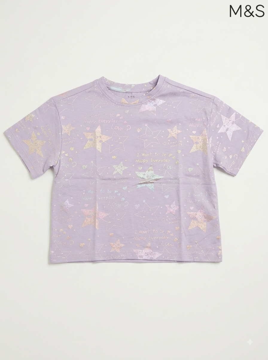 M&S Girls' Lilac Shimmer Star & Slogan T-Shirt