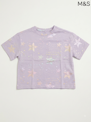 M&S Girls' Lilac Shimmer Star & Slogan T-Shirt