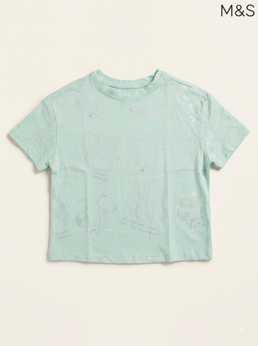 M&S Girls Mint Green Shimmering Teddy Bear T-Shirt