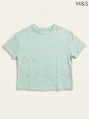 M&S Girls Mint Green Shimmering Teddy Bear T-Shirt