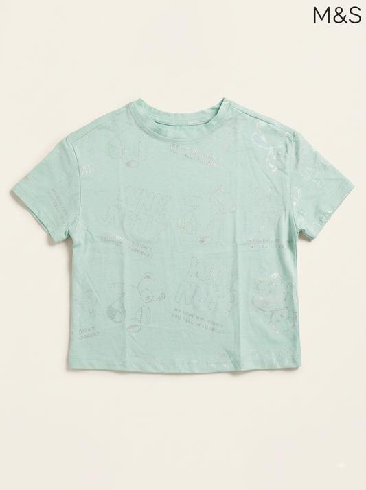 M&S Girls Mint Green Shimmering Teddy Bear T-Shirt