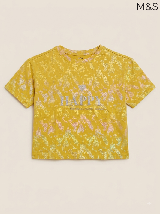M&S Girls Mustard Yellow Shimmering Slogan Short-Sleeve T-Shirt
