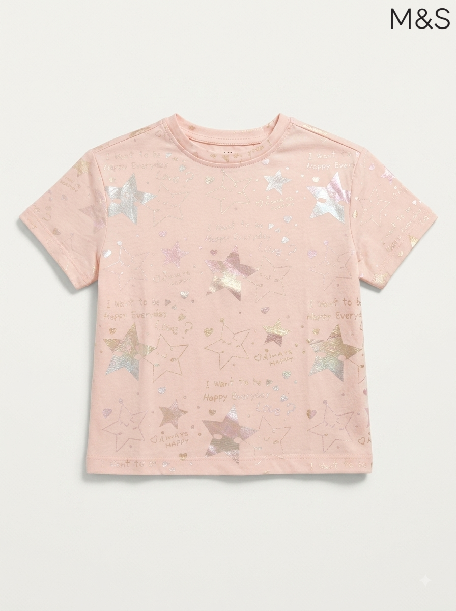 M&S Girls Pink Shimmering Star Print Short-Sleeve T-Shirt