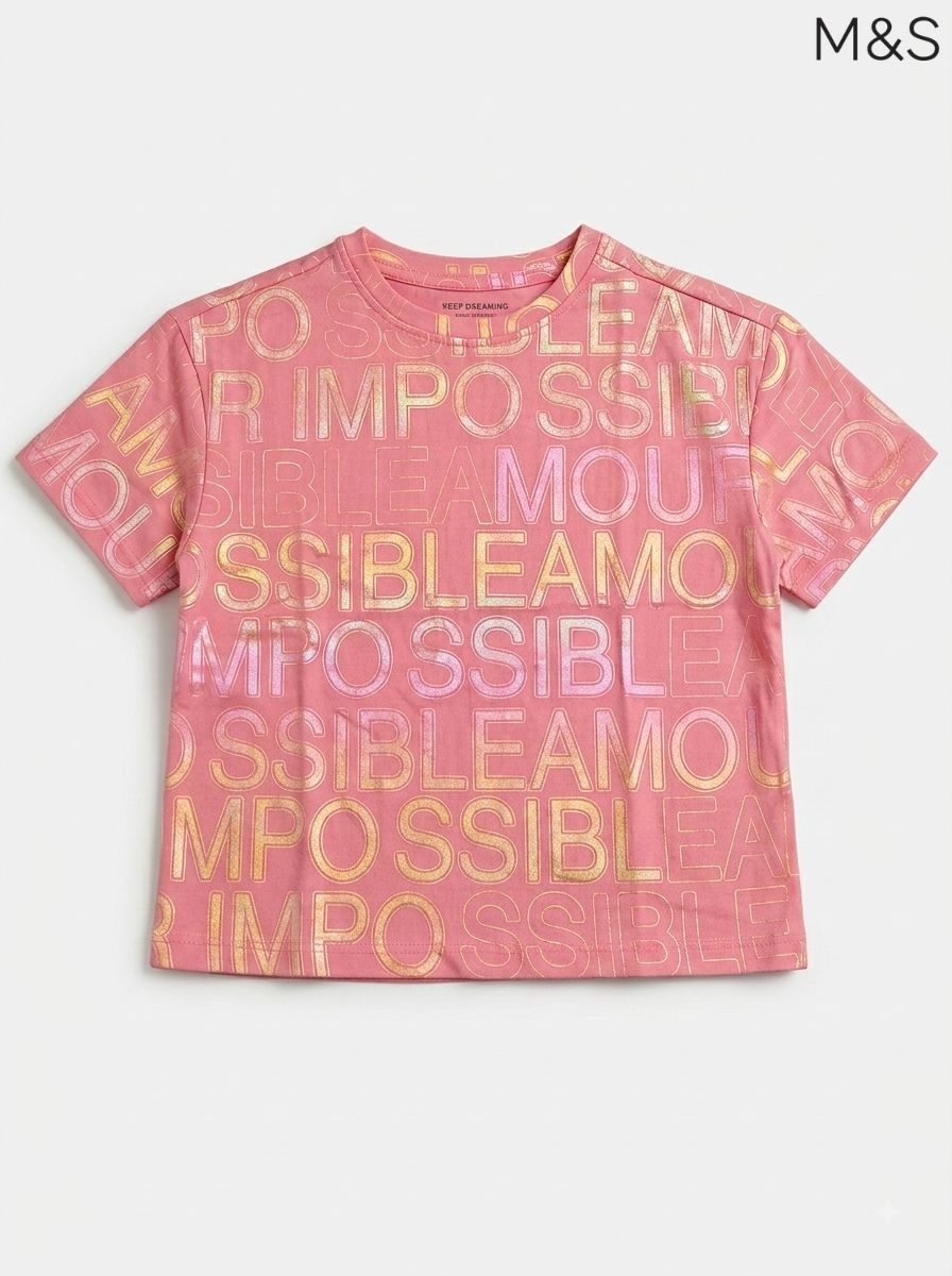 M&S Girls' Pink All-Over Metallic Slogan T-Shirt