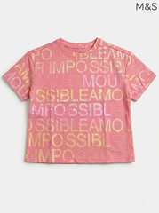 M&S Girls' Pink All-Over Metallic Slogan T-Shirt