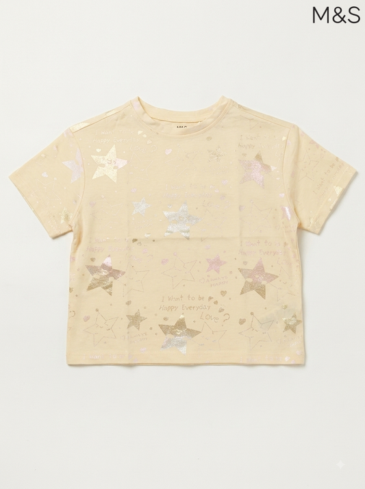 M&S Girls Pastel Yellow Shimmering Star Print Short-Sleeve T-Shirt