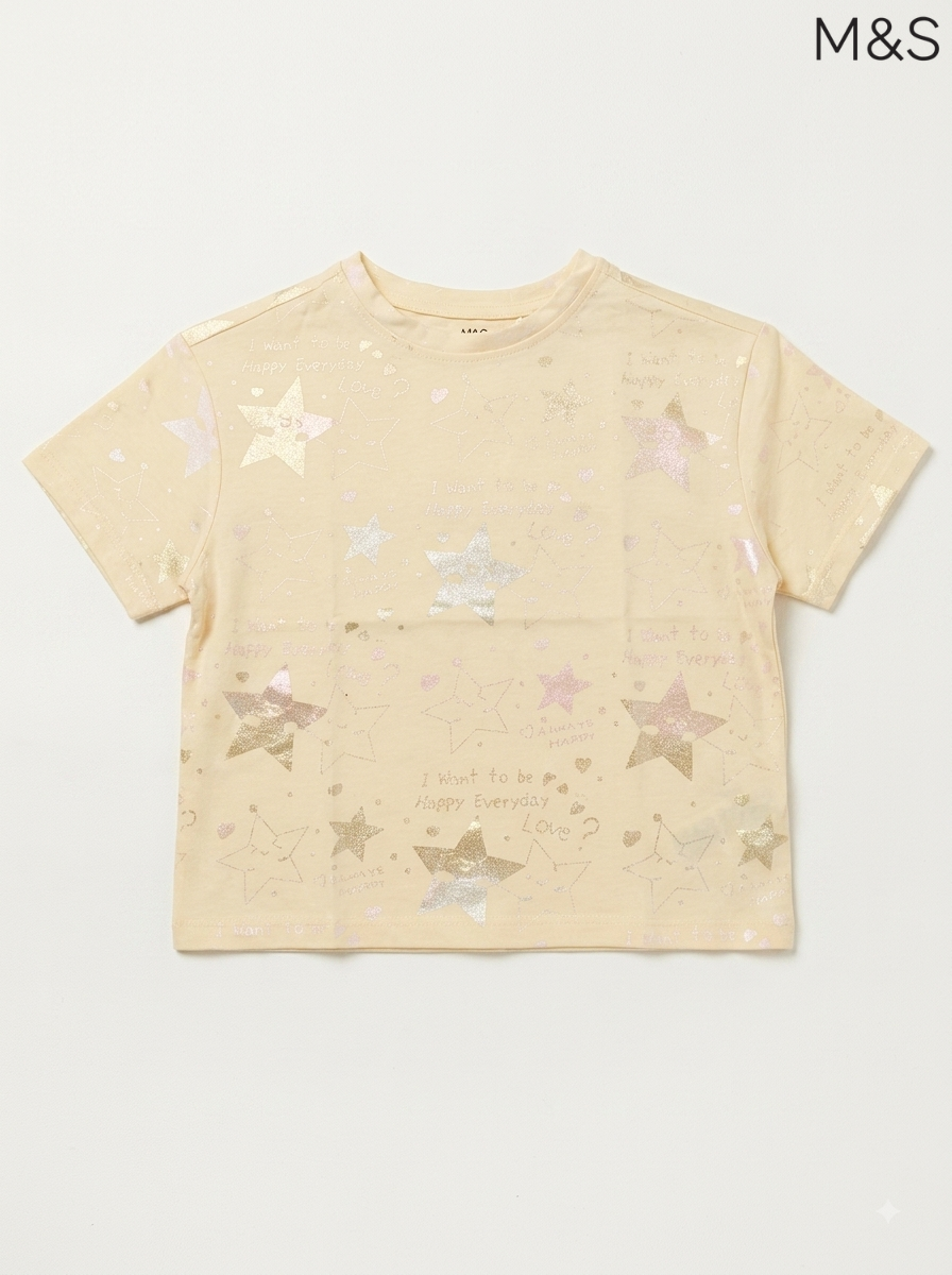 M&S Girls Pastel Yellow Shimmering Star Print Short-Sleeve T-Shirt