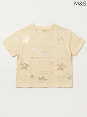 M&S Girls Pastel Yellow Shimmering Star Print Short-Sleeve T-Shirt