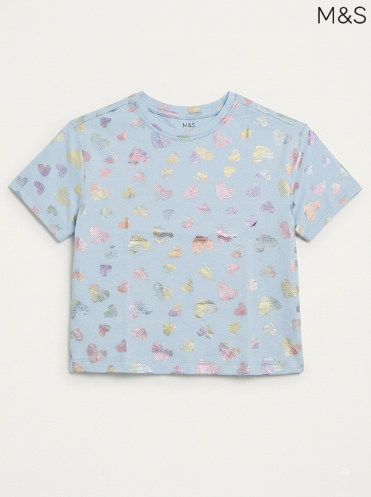 M&S Kids’ Light Blue Foil Heart Print T-Shirt