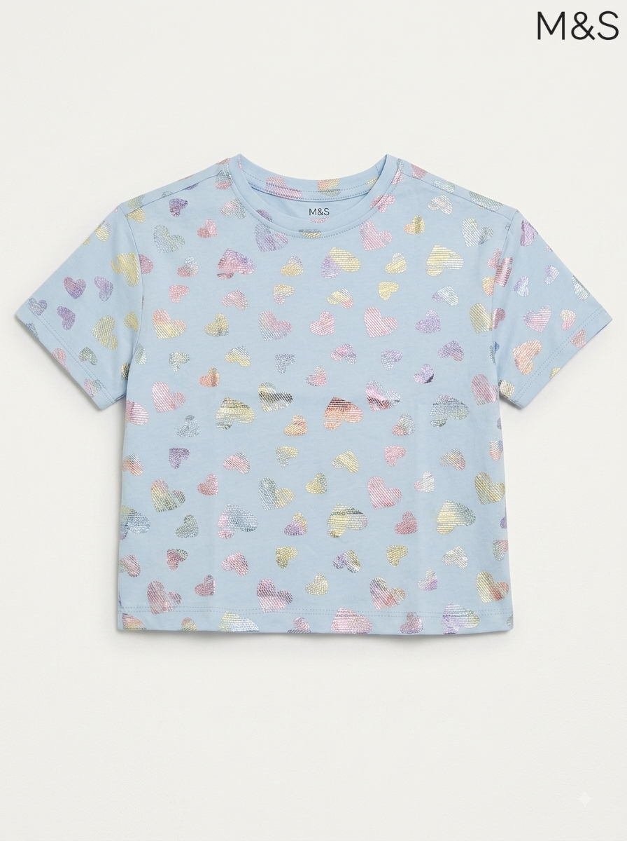 M&S Kids’ Light Blue Foil Heart Print T-Shirt