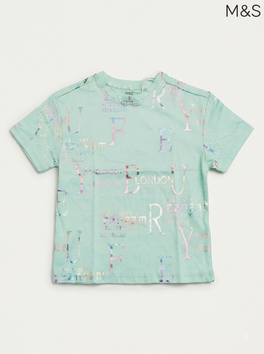 M&S Kids’ Mint Green Metallic Letter Graphic T-Shirt