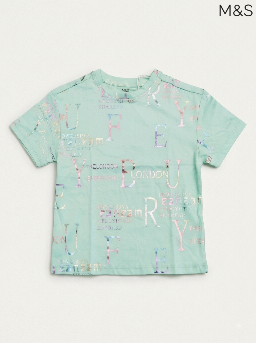 M&S Kids’ Mint Green Metallic Letter Graphic T-Shirt