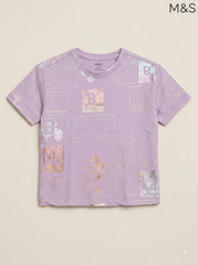 M&S Girls Lilac Metallic Periodic Table & Disney Mickey Mouse Short-Sleeve T-Shirt