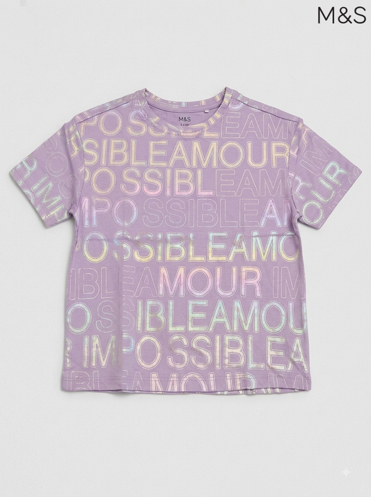 M&S Girls Purple Iridescent Typographic Short-Sleeve T-Shirt