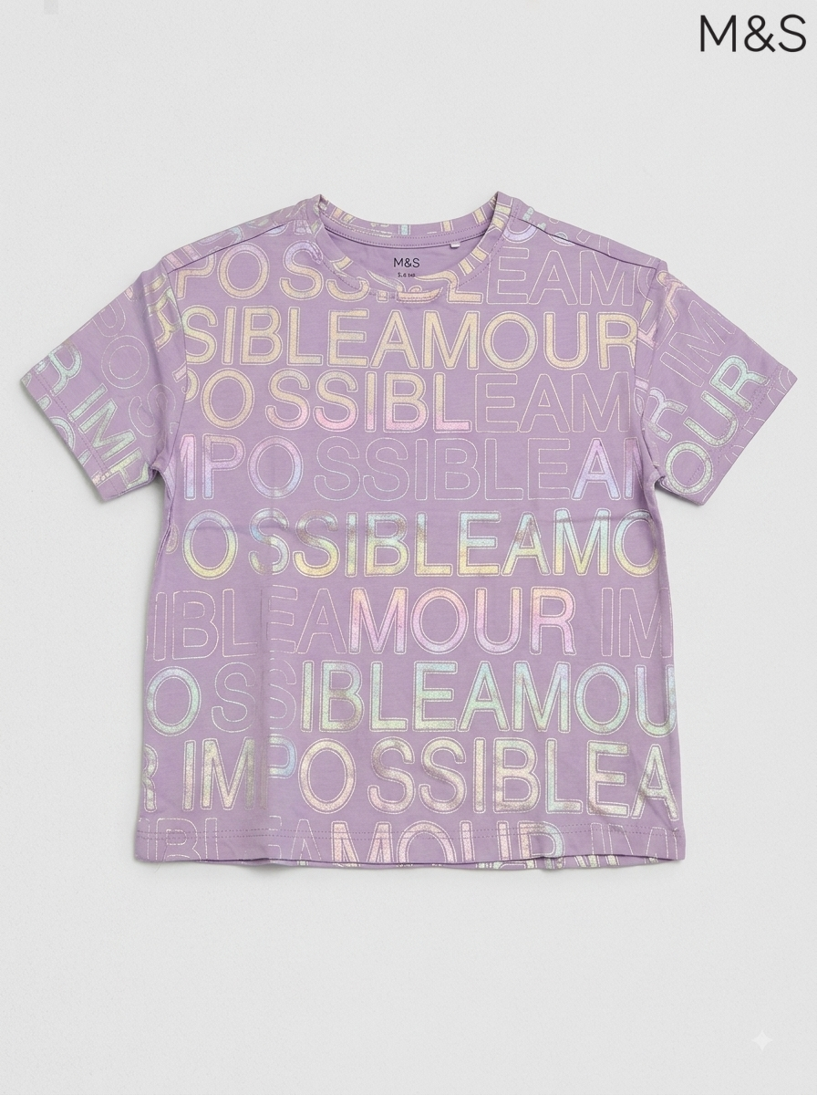 M&S Girls Purple Iridescent Typographic Short-Sleeve T-Shirt