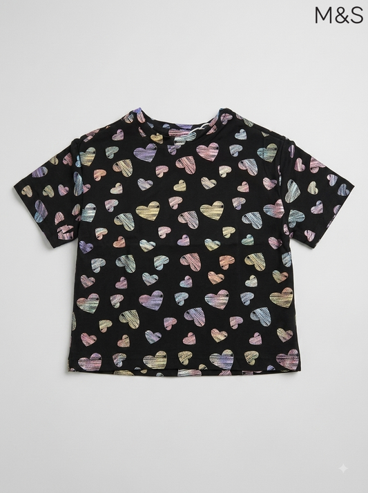 M&S Girls Black Rainbow Metallic Heart Print Short-Sleeve T-Shirt