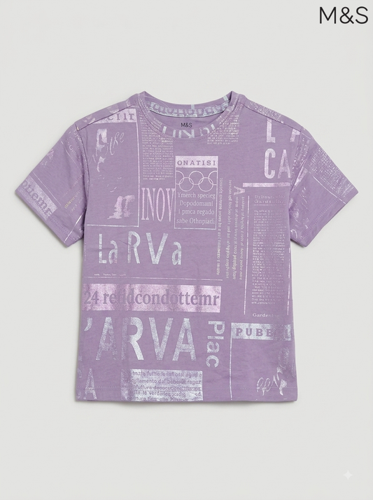 M&S Girls' Lilac Newspaper Print Metallic T-Shirt
