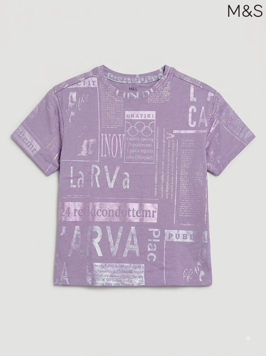 M&S Girls' Lilac Newspaper Print Metallic T-Shirt