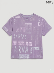 M&S Girls' Lilac Newspaper Print Metallic T-Shirt