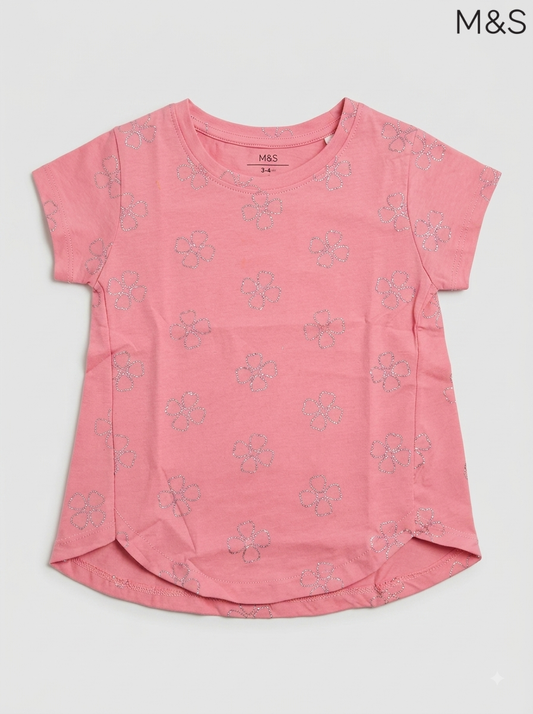 M&S Girls Pink Glitter Floral Dotted Short-Sleeve T-Shirt
