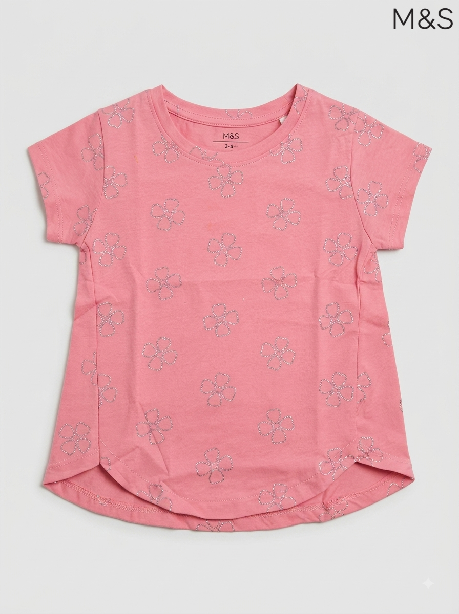 M&S Girls Pink Glitter Floral Dotted Short-Sleeve T-Shirt