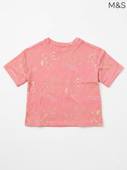 M&S Girls' Teddy Bear & Gold Foil Slogan T-Shirt – Coral Pink