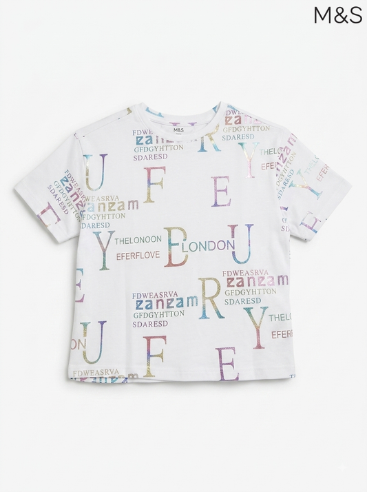 M&S Girls White Iridescent Typographic Short-Sleeve T-Shirt