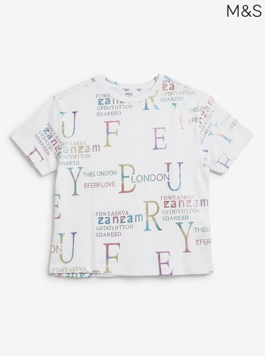 M&S Girls White Iridescent Typographic Short-Sleeve T-Shirt