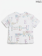 M&S Girls White Iridescent Typographic Short-Sleeve T-Shirt