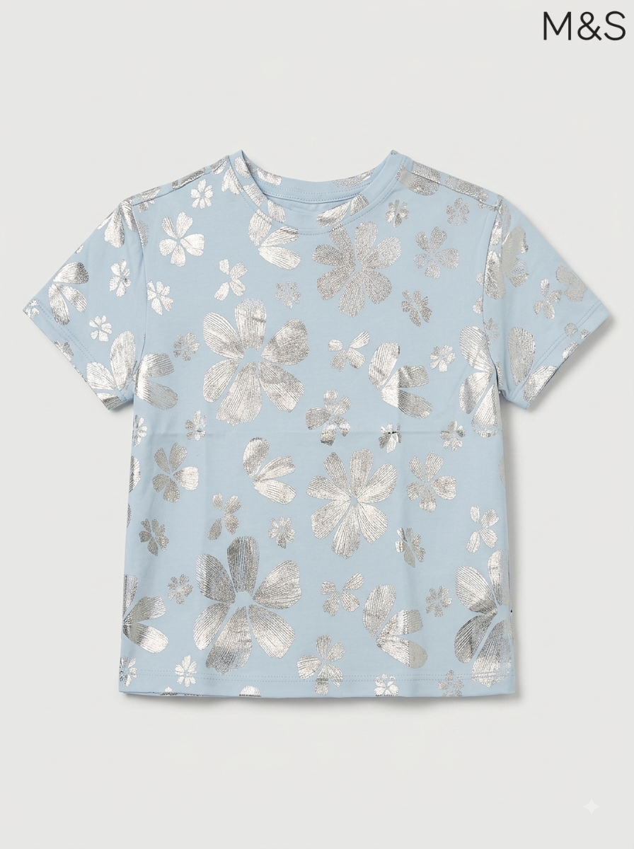M&S Girls Light Blue Metallic Floral Print Short-Sleeve T-Shirt