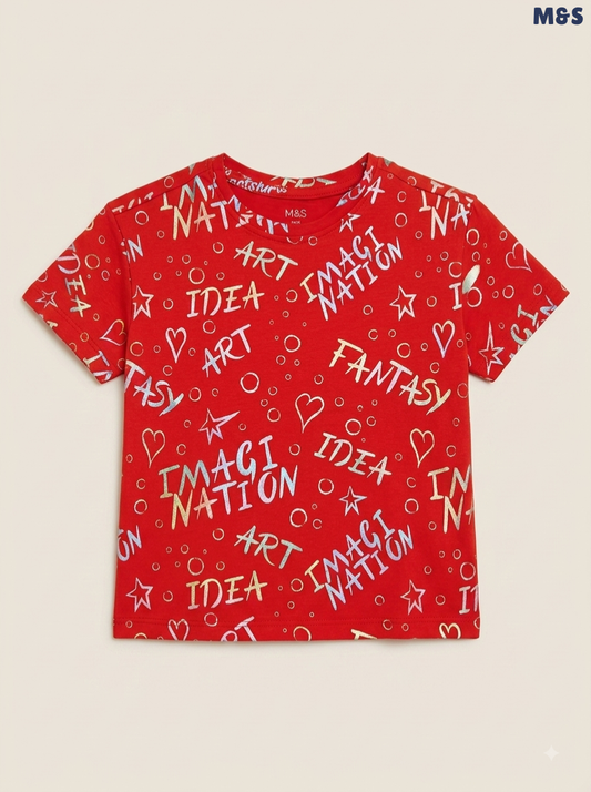 M&S Girls Red Metallic Creative Graphic Short-Sleeve T-Shirt