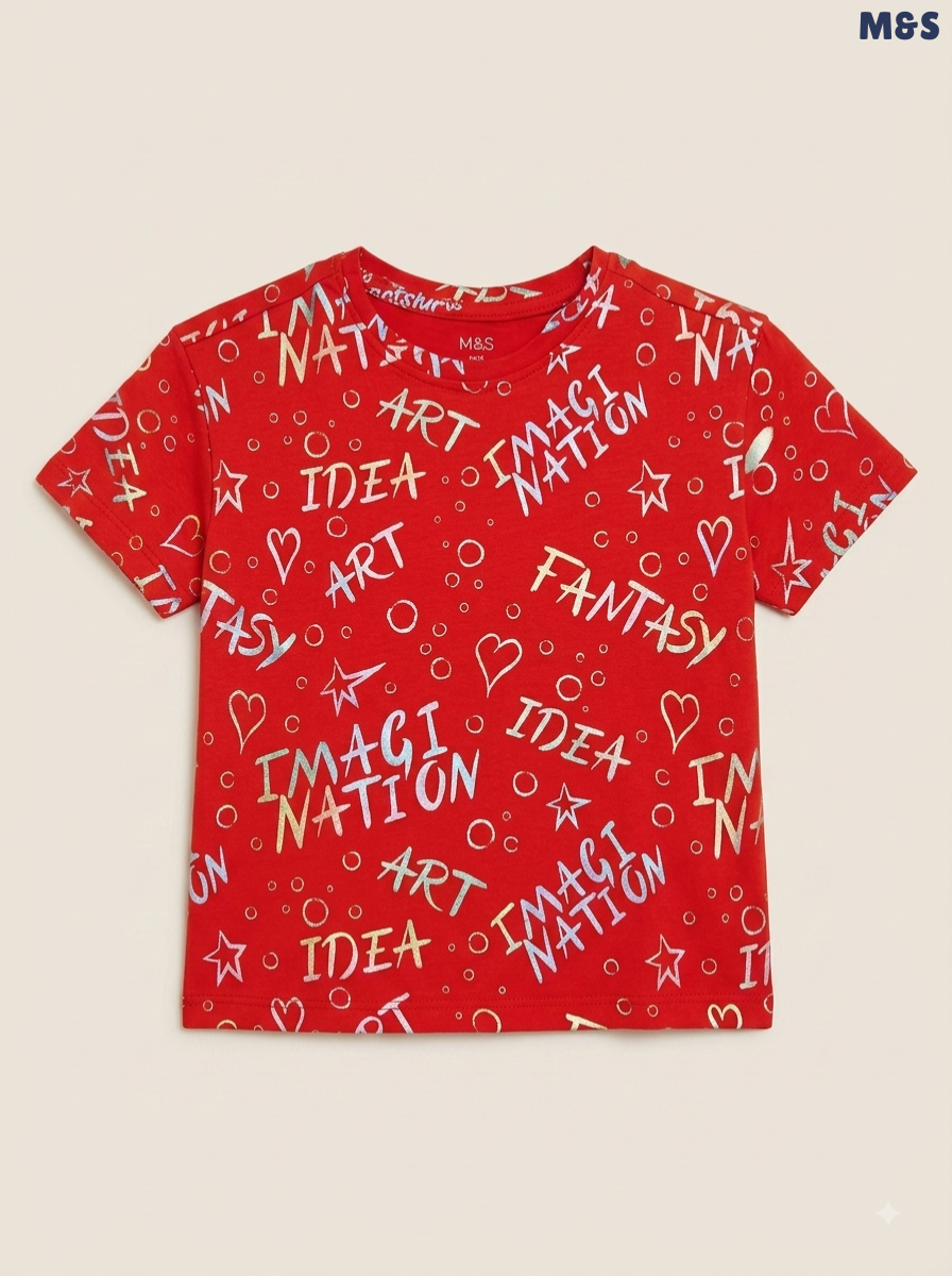 M&S Girls Red Metallic Creative Graphic Short-Sleeve T-Shirt