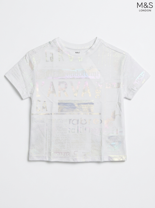 M&S London Kids White Iridescent Newspaper Print T-Shirt