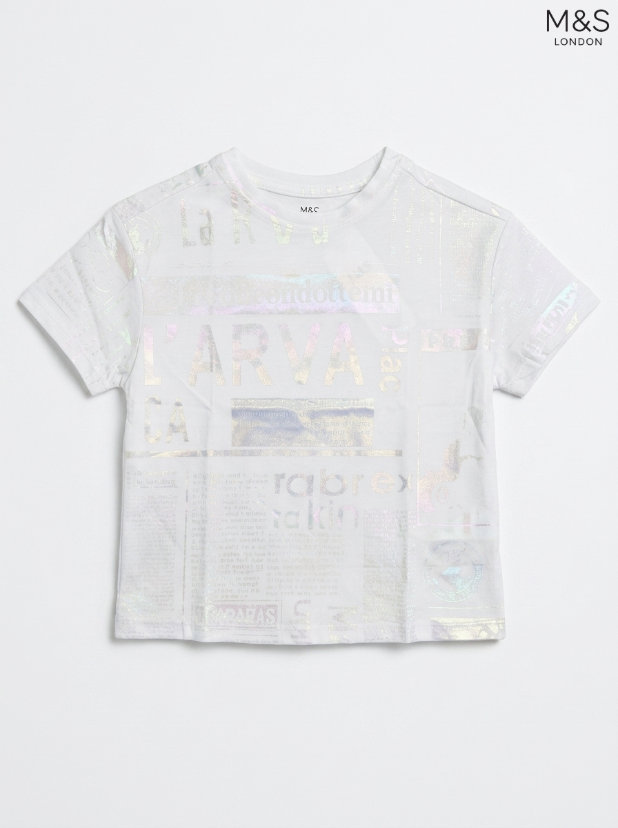 M&S London Kids White Iridescent Newspaper Print T-Shirt