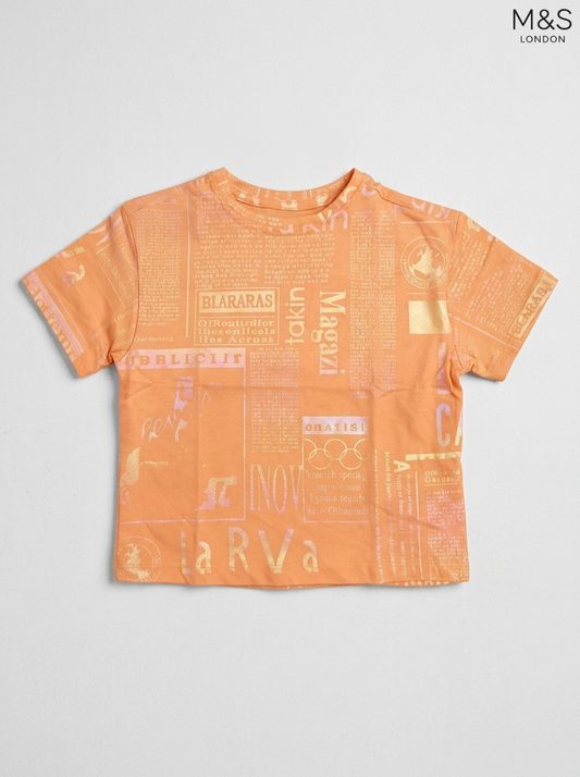 Kids Peach Orange Newspaper Graphic Print T-Shirt