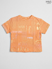 Kids Peach Orange Newspaper Graphic Print T-Shirt