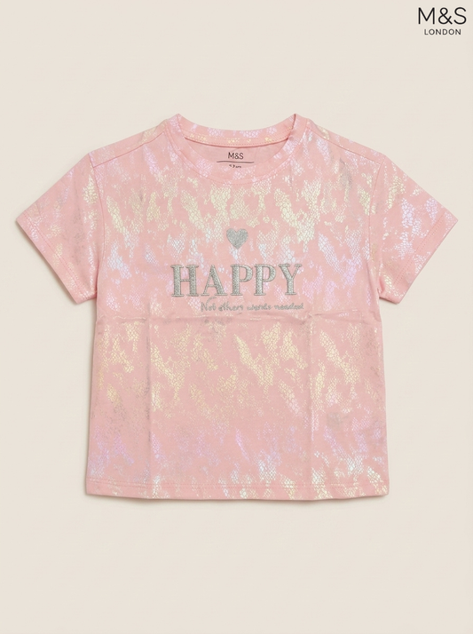 M&S London Kids Pink Iridescent 'HAPPY' Slogan T-Shirt