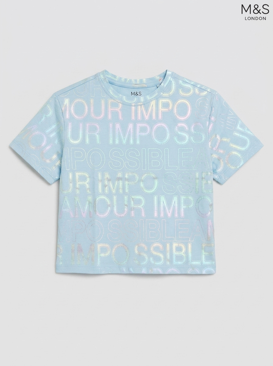 M&S London Kids Light Blue Iridescent Typography T-Shirt