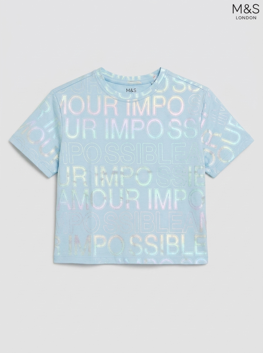 M&S London Kids Light Blue Iridescent Typography T-Shirt