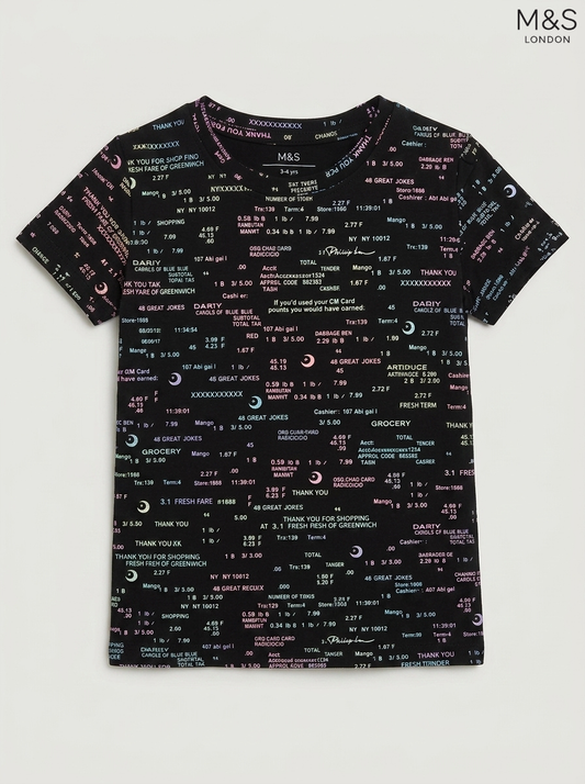 M&S London Kids Black Receipt Motif Print T-Shirt
