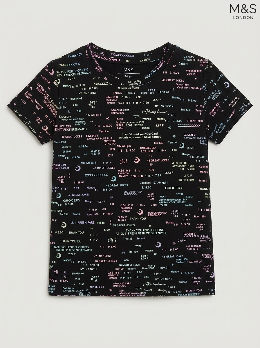 M&S London Kids Black Receipt Motif Print T-Shirt