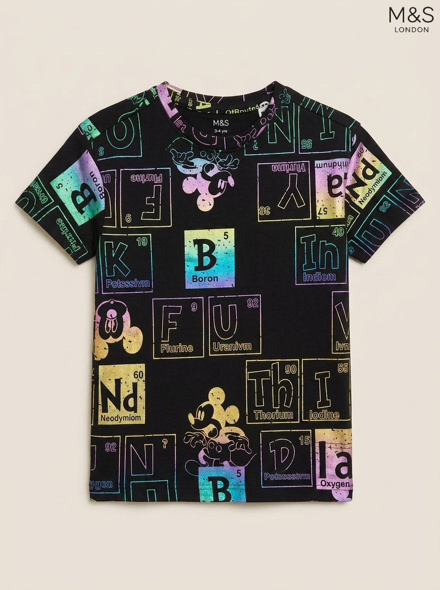 M&S London Kids Black Mickey Mouse Periodic Table Graphic T-Shirt