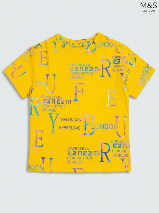 M&S London Kids Yellow Metallic Alphabet Print T-Shirt